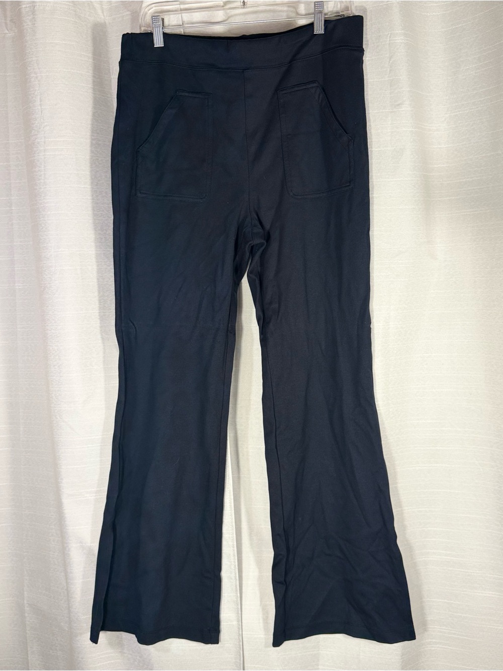 Anthropology Maeve Large Women's Black Stretch Flare Pants front square pockets
